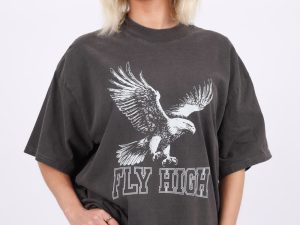 220GSM Oversize Acid Washed T-Shirt In Eagle Fly High Print