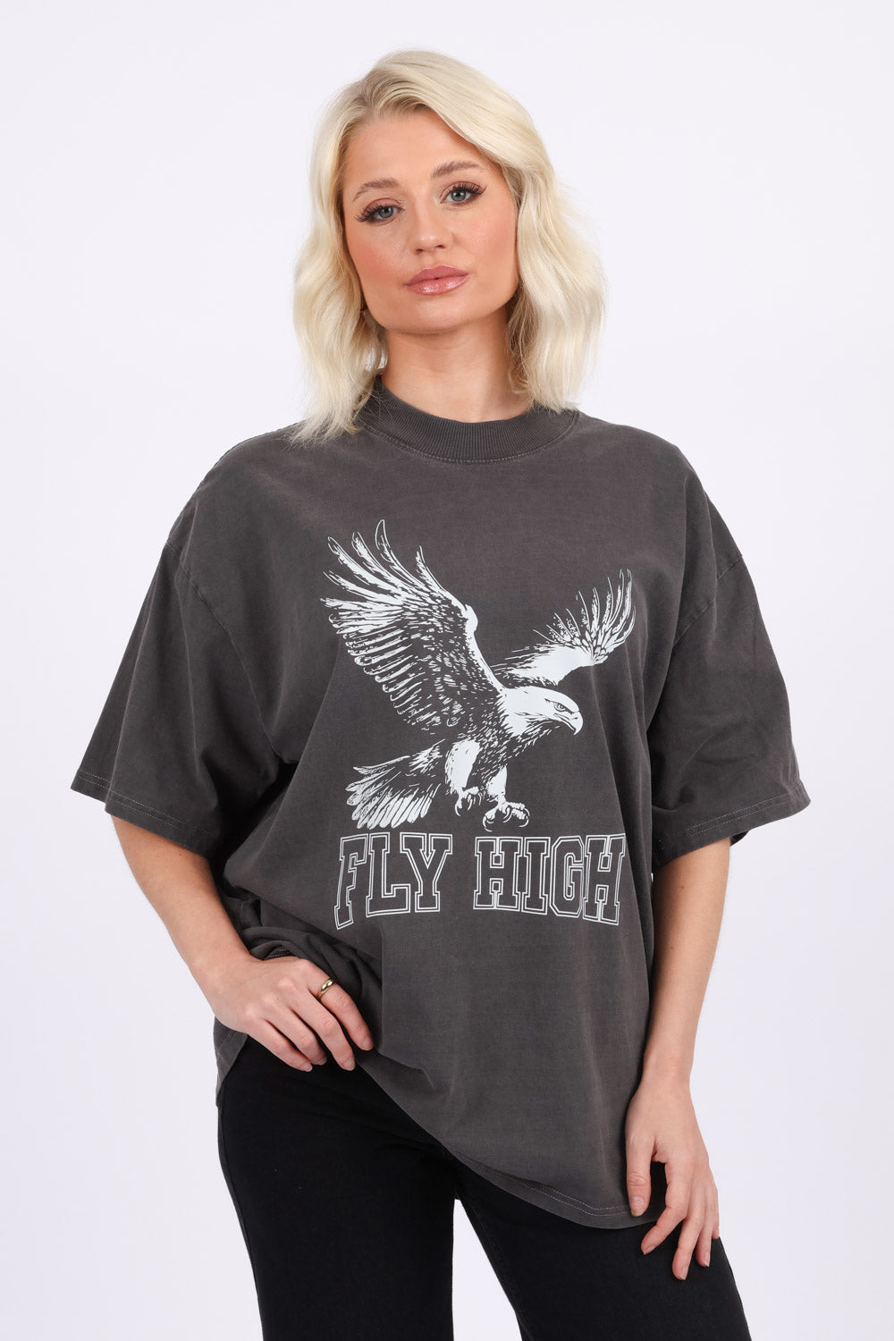 220GSM Oversize Acid Washed T-Shirt In Eagle Fly High Print