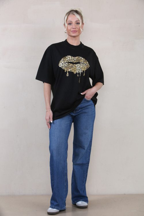 220GSM Oversize T-Shirt In Leopard Lips Foil Print