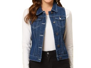 Allegra K Women's Buttoned Washed Denim Vest Jacket