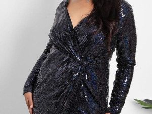 Navy Sequins Embellished Fixed Wrap Party Dress