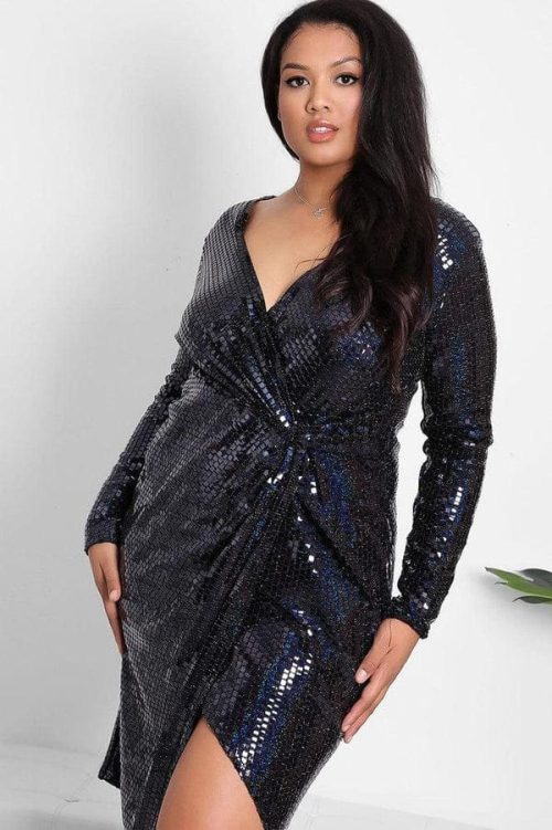 Navy Sequins Embellished Fixed Wrap Party Dress