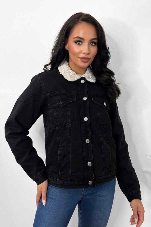 Black Vegan Shearling Denim Jacket - Image 3