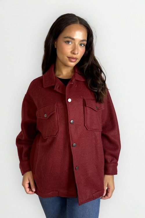 Fleeced Large Pocket Plain Shacket - Wine