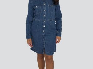 Blue Large Pockets Button Down Cinched Denim Dress