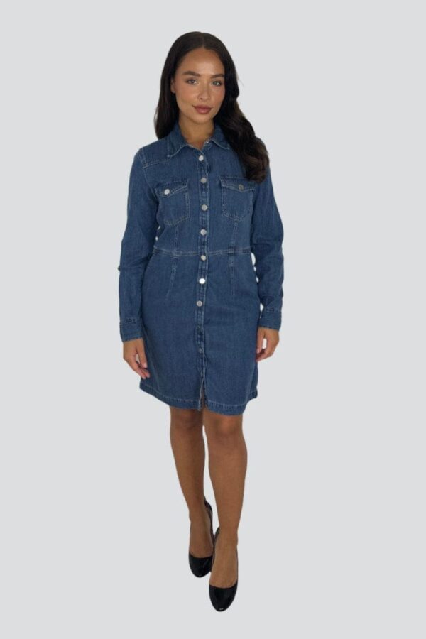 Blue Large Pockets Button Down Cinched Denim Dress