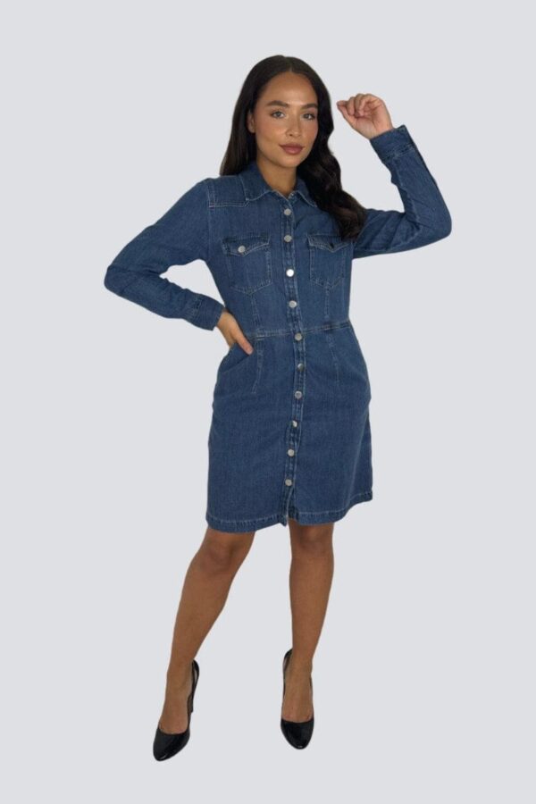 Blue Large Pockets Button Down Cinched Denim Dress - Image 3