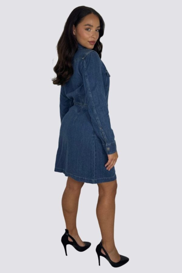 Blue Large Pockets Button Down Cinched Denim Dress - Image 2