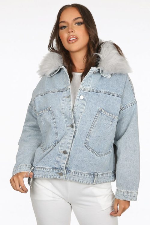 Faux Fur Denim Faded Blue Jacket