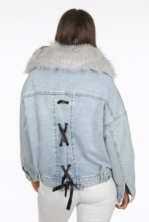 Faux Fur Denim Faded Blue Jacket - Image 3