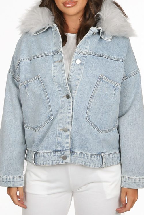 Faux Fur Denim Faded Blue Jacket - Image 2
