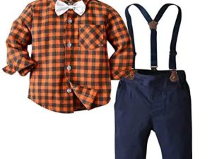 Baby Boys Dress Clothes Toddler Boys Gentleman Suits Long Sleeve Bow Tie Shirts + Suspenders Pants