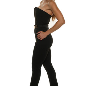 Briana'V' Plunge Neck Belted Jumpsuit-Black