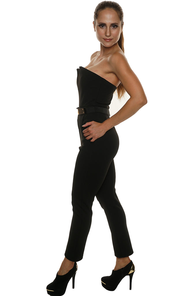 Briana'V' Plunge Neck Belted Jumpsuit-Black