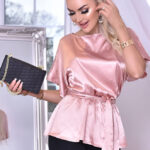 Elona Soft Satin Belted Batwing Top-Dusty Pink