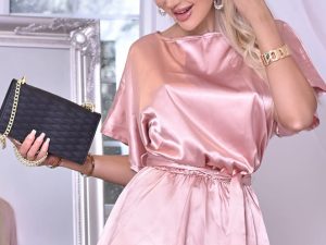 Elona Soft Satin Belted Batwing Top-Dusty Pink