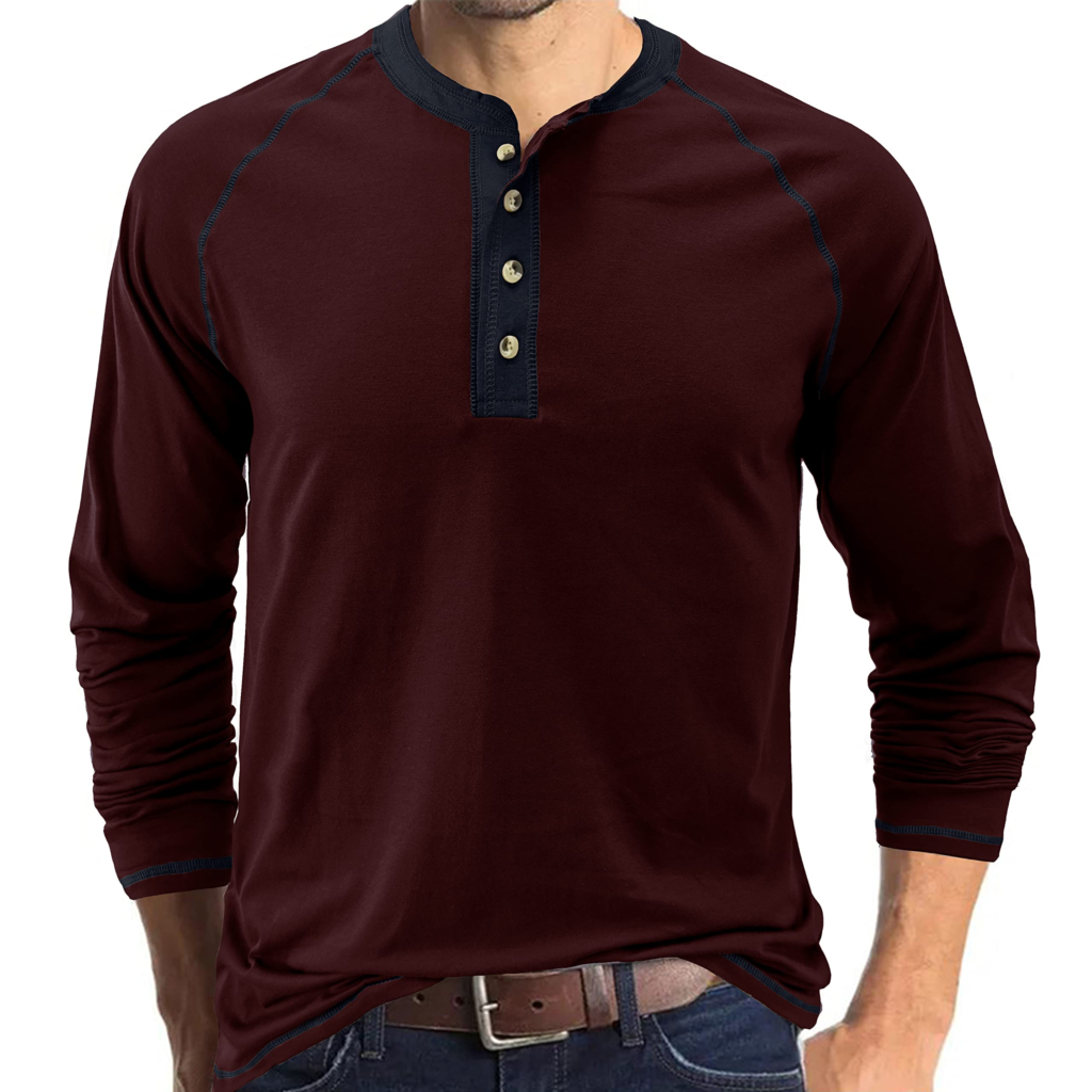 Mens Henley Long Sleeve T Shirts Casual Plain Shirt Tops Tshirt Men Burgu