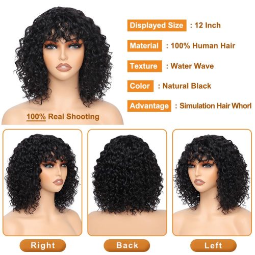 Fashion Idol Bob Curly Human Hair Wigs with Bangs Jerry Curl - Image 2