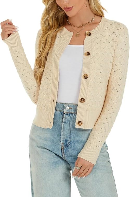 Enjyam Women's Crochet Knit Button Longsleeve Cardigan