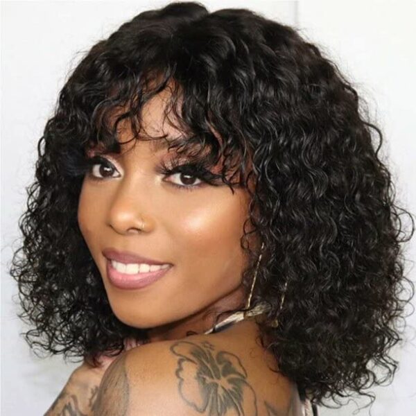 Fashion Idol Bob Curly Human Hair Wigs with Bangs Jerry Curl