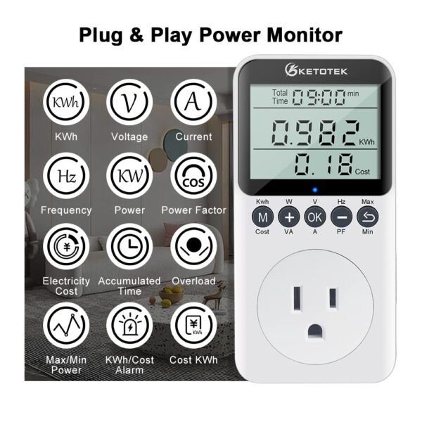 KETOTEK Electricity Usage Monitor with Backlight & LCD Display - Image 2