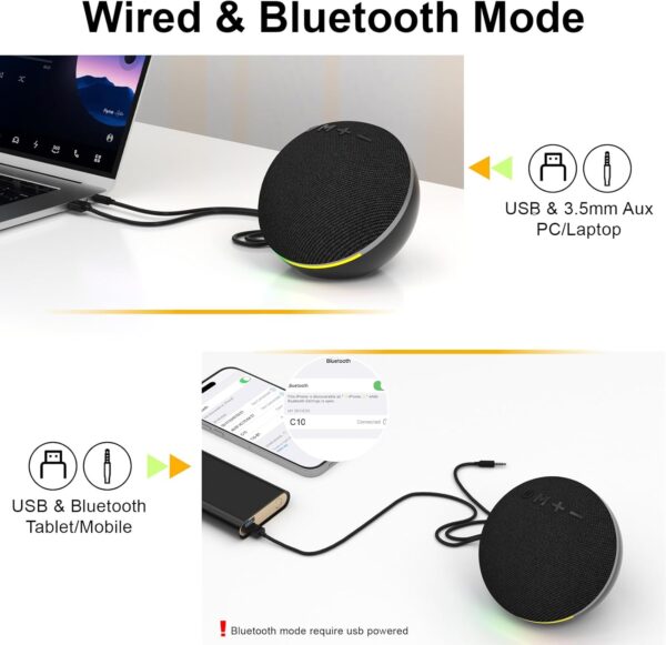 SOULION C10 Bluetooth PC Speakers with 4 Modes Colorful LED Light, USB Powered 3.5mm Aux Mini Computer Speakers with Switch Button, Suitable for Desktop Laptop, Monitor. - Image 7