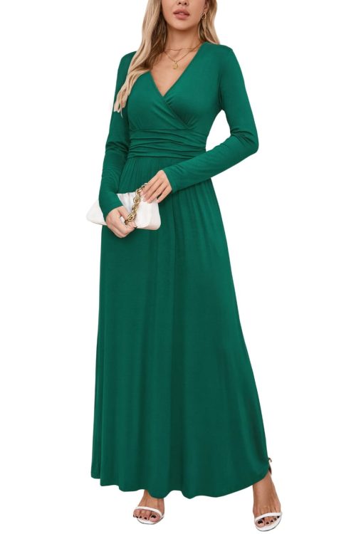 OUGES Women's Fall Casual V Neck Long Sleeve Dress