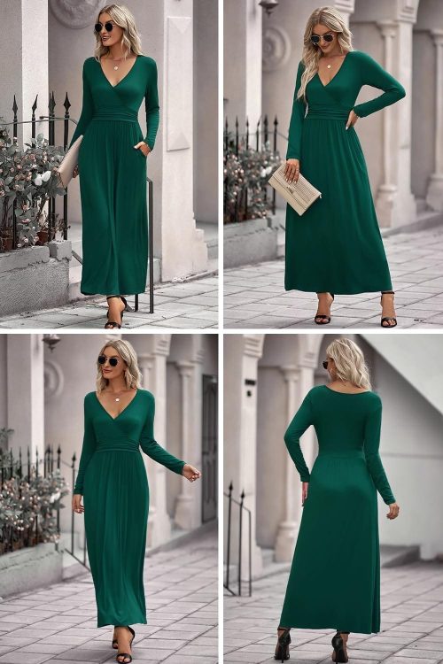 OUGES Women's Fall Casual V Neck Long Sleeve Dress - Image 4