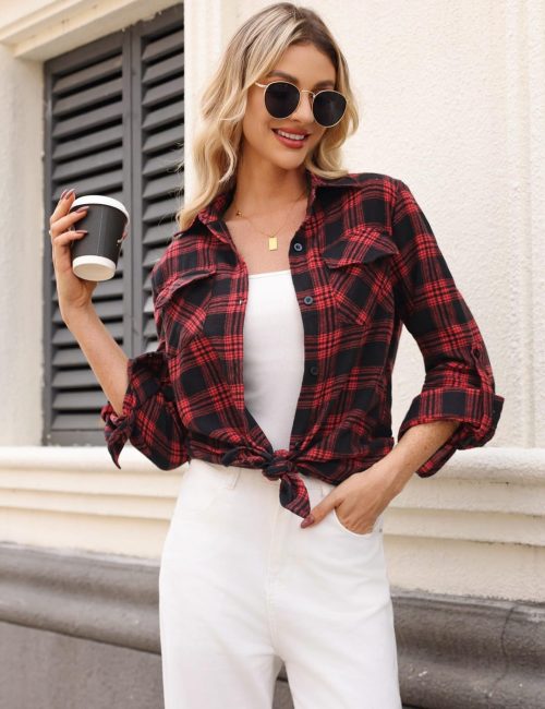 Totatuit Flannel Checked Long Sleeve Top for Women - Image 5