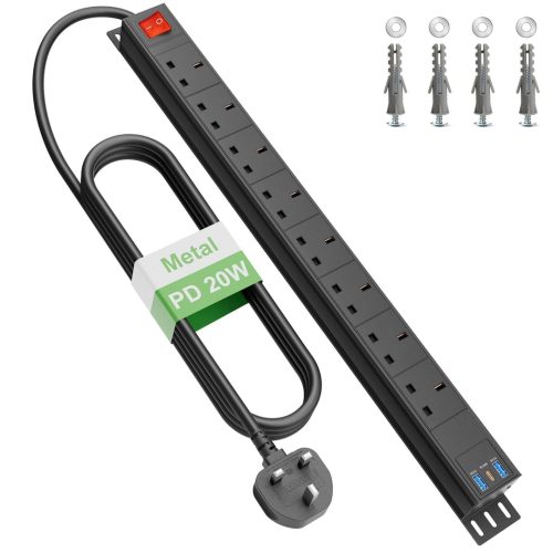 8 Way Power Strip Surge Protector USB C PD20W Extension