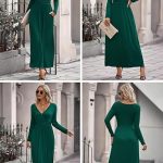 OUGES Women's Long/Short Sleeve V-Neck Wrap Waist Maxi Dress - Image 2