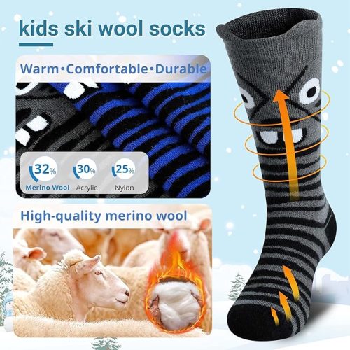 Muezna 2 Pairs Kids Merino Wool Ski Socks Blue & Grey - Image 4