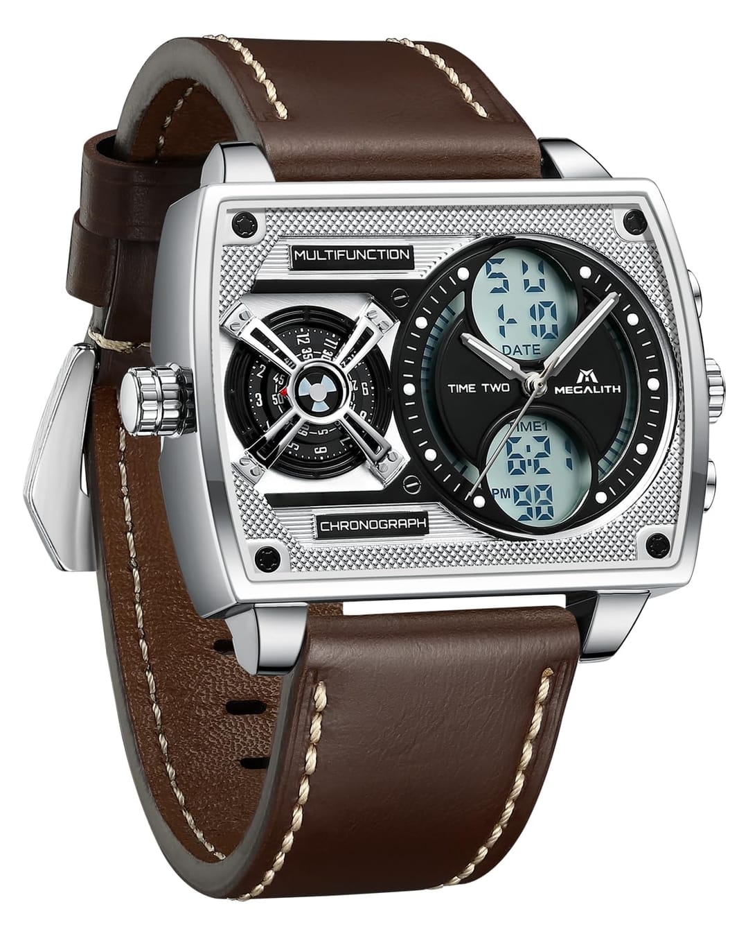 MEGALITH Large Mens Waterproof Watch Stylish Digital Analog Design Rectangle Dial Multiple Time Zone