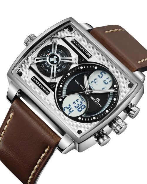 MEGALITH Large Mens Waterproof Watch Stylish Digital Analog Design Rectangle Dial Multiple Time Zone - Image 2
