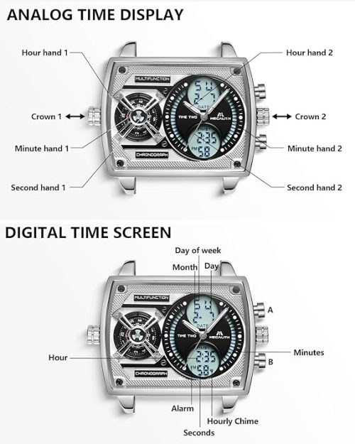 MEGALITH Large Mens Waterproof Watch Stylish Digital Analog Design Rectangle Dial Multiple Time Zone - Image 6