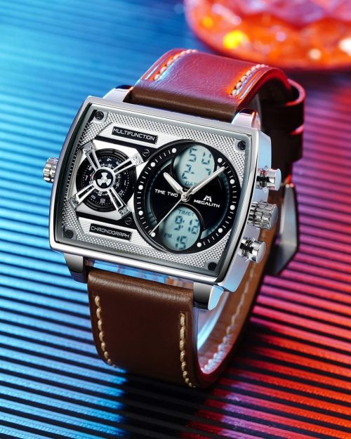 MEGALITH Large Mens Waterproof Watch Stylish Digital Analog Design Rectangle Dial Multiple Time Zone - Image 4