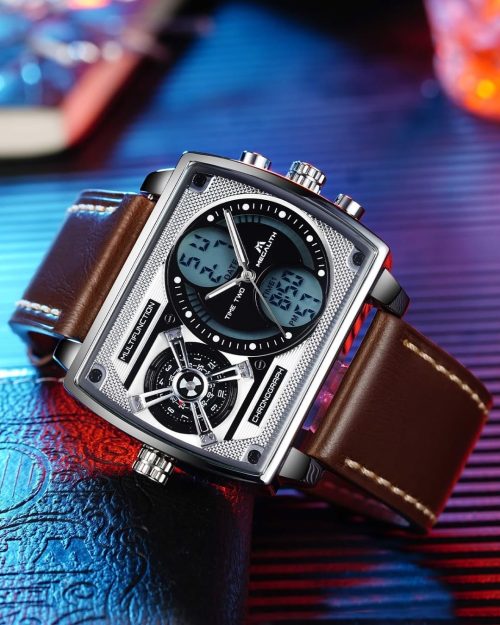 MEGALITH Large Mens Waterproof Watch Stylish Digital Analog Design Rectangle Dial Multiple Time Zone - Image 5