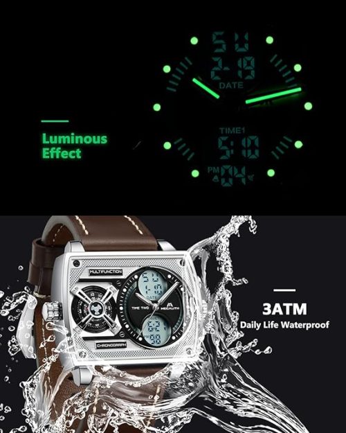 MEGALITH Large Mens Waterproof Watch Stylish Digital Analog Design Rectangle Dial Multiple Time Zone - Image 7