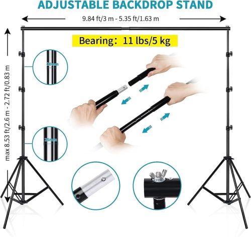 Photo Studio Lighting Kit with 2.6X3 M/8.5X10 FT Adjustable Backdrop Stand - Image 7