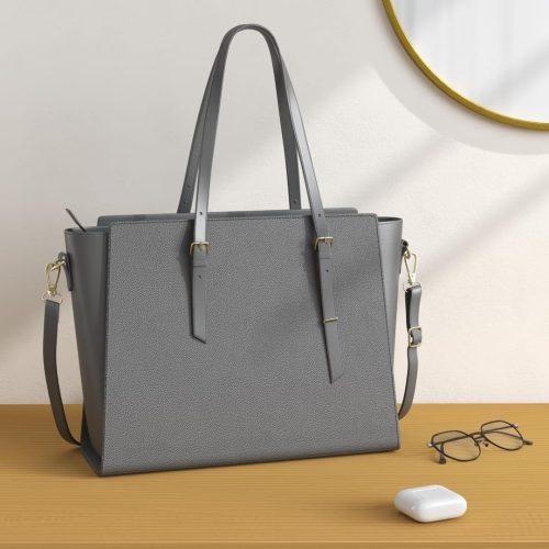 NEWHEY Women's Large PU Leather Tote Bag Laptop Bag Handbag for Classes Lycee 15.6 Inches, grey, 41 cm x 16 cm x 30 cm, Stylish - Image 2