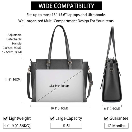 NEWHEY Women's Large PU Leather Tote Bag Laptop Bag Handbag for Classes Lycee 15.6 Inches, grey, 41 cm x 16 cm x 30 cm, Stylish - Image 3