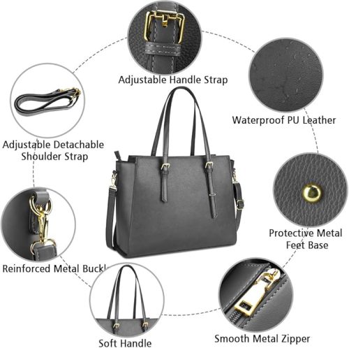 NEWHEY Women's Large PU Leather Tote Bag Laptop Bag Handbag for Classes Lycee 15.6 Inches, grey, 41 cm x 16 cm x 30 cm, Stylish - Image 6