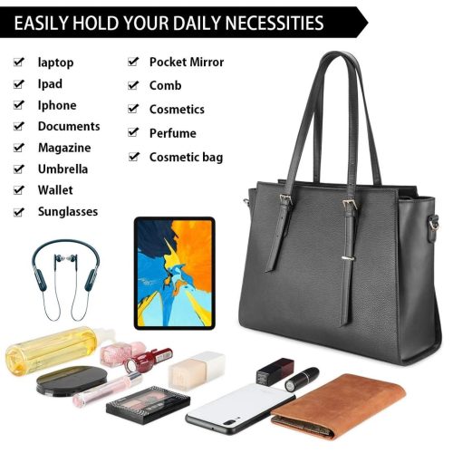 NEWHEY Women's Large PU Leather Tote Bag Laptop Bag Handbag for Classes Lycee 15.6 Inches, grey, 41 cm x 16 cm x 30 cm, Stylish - Image 5