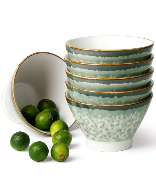 NUTRIUPS 12.5cm Ceramic Cereal Bowls Set of 6, 400ml Green Dessert Bowl Set, Rice Bowl, Ice Cream Bowl