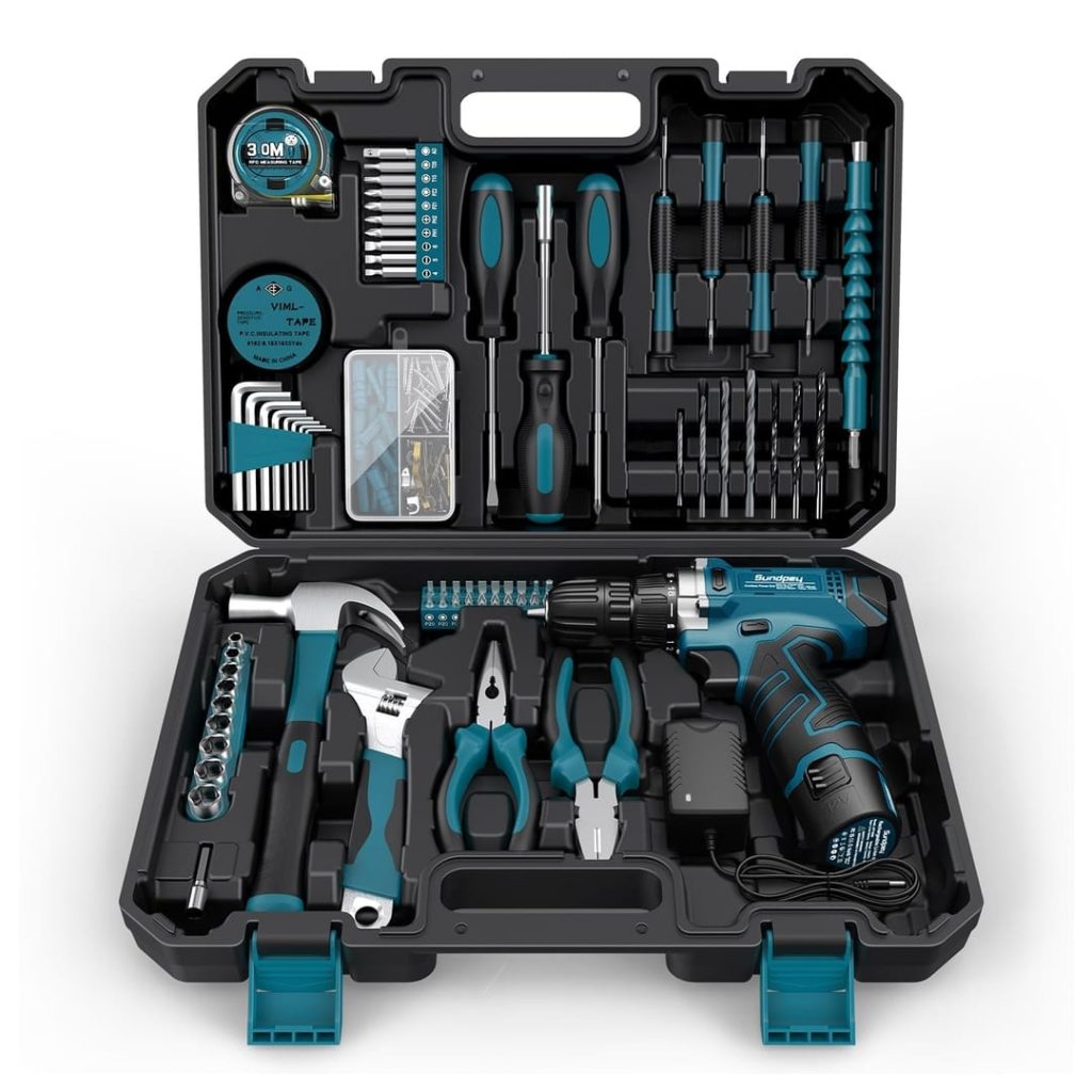 Sundpey Home Tool Kit 206-PCs - Household Tool Set with 12V Cordless Drill Portable Starter Power Tool Combo Kits