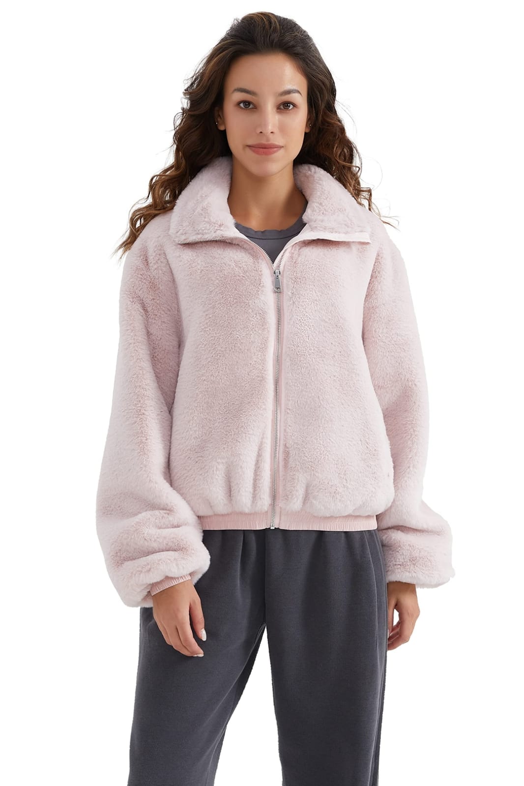 Orolay Women's Sherpa Coat Fluffy Fleece Jacket Zip Up with Pockets Cropped Jacket Pink