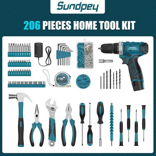 Sundpey Home Tool Kit 206-PCs - Household Tool Set with 12V Cordless Drill Portable Starter Power Tool Combo Kits - Image 2