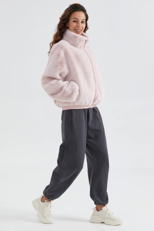Orolay Women's Sherpa Coat Fluffy Fleece Jacket Zip Up with Pockets Cropped Jacket Pink - Image 4