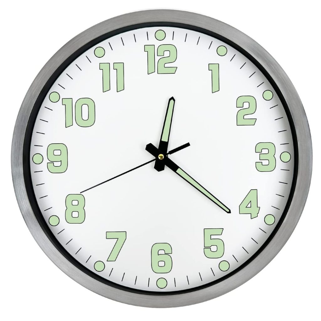 DORBOKER Upgrade Luminous Wall Clock For Bedroom Silent Non-Ticking Night Lights Battery Operated Glow In The Dark Clock for Kitchen Living Room Office Decor (Brush Silver Frame)