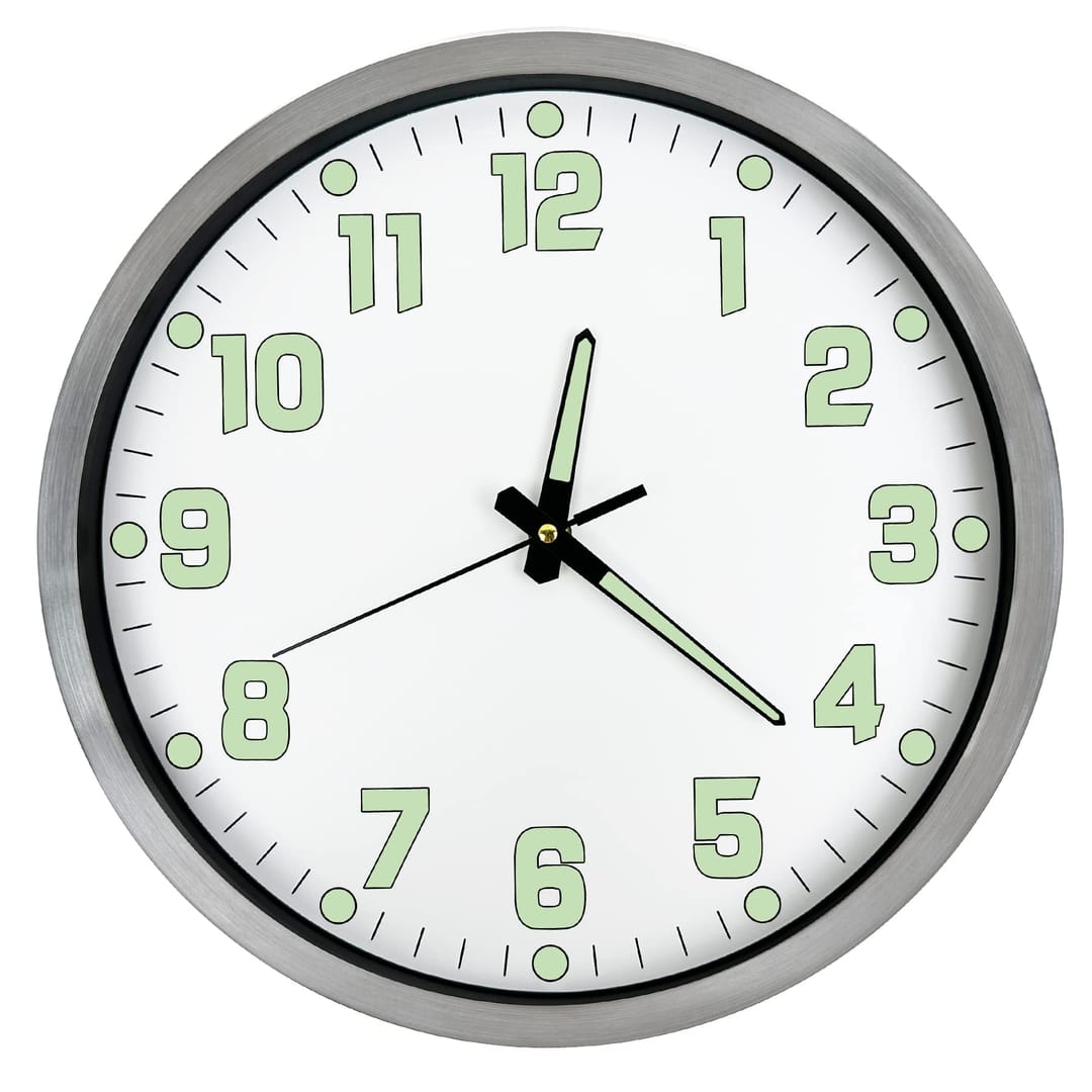 DORBOKER Upgrade Luminous Wall Clock For Bedroom Silent Non-Ticking Night Lights Battery Operated Glow In The Dark Clock for Kitchen Living Room Office Decor (Brush Silver Frame)